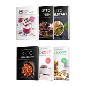 Set van zes “Gezonderecepten.nl” boeken uit de keto advantage bundel, waaronder 28 Dagen Buikvet Challenge, 101 Keto Kookboek, Keto Koolhydraten Kookboek, Keto Zoet Kookboek, Keto Budget Kookboek en Snelstart Gids, met ketogene recepten voor gewichtsverlies en een gezond dieet.