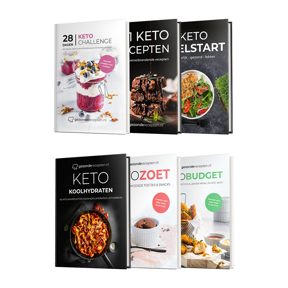 Set van zes “Gezonderecepten.nl” boeken uit de keto advantage bundel, waaronder 28 Dagen Buikvet Challenge, 101 Keto Kookboek, Keto Koolhydraten Kookboek, Keto Zoet Kookboek, Keto Budget Kookboek en Snelstart Gids, met ketogene recepten voor gewichtsverlies en een gezond dieet.