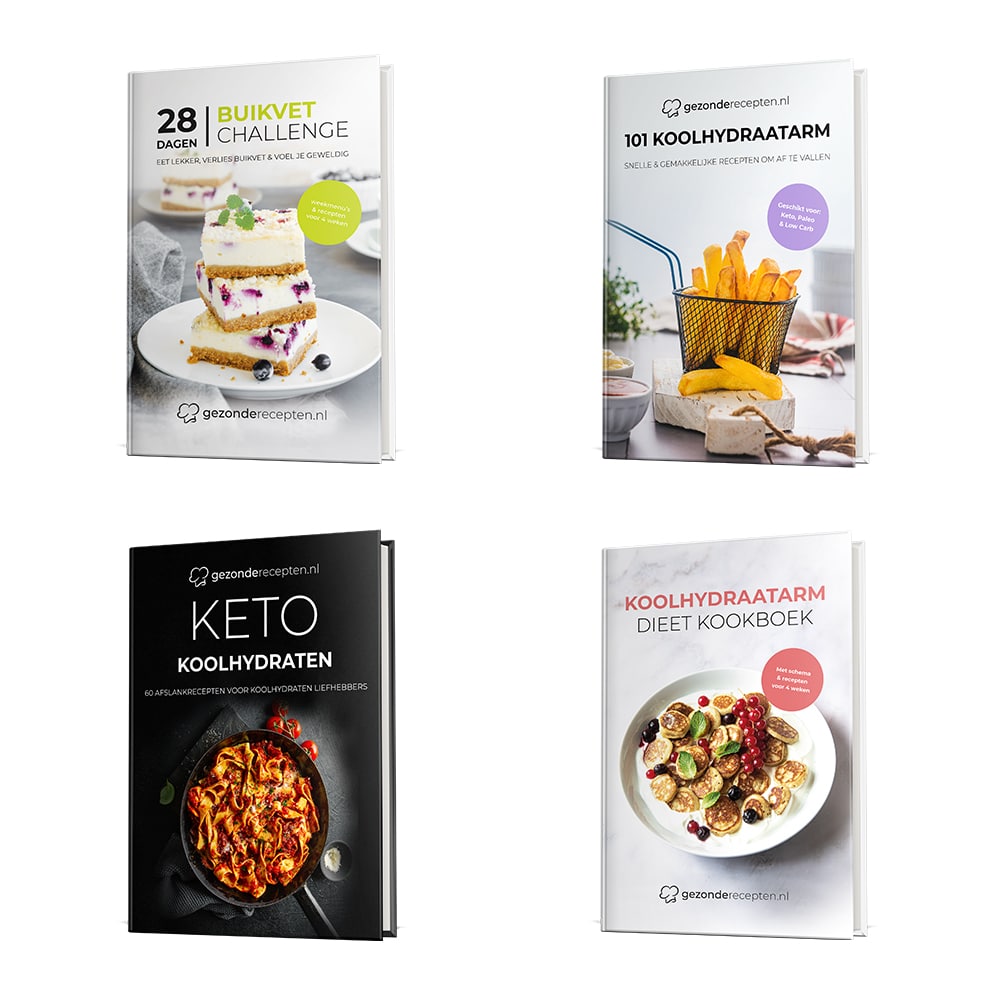 Collage van vier “Gezonderecepten.nl” boeken gericht op koolhydraatarme en ketogene diëten, waaronder 28 Dagen Buikvet Challenge, 101 Koolhydraatarm, Keto Koolhydraten en Koolhydraatarm Dieet Kookboek, met recepten voor gewichtsverlies en gezond dieet.