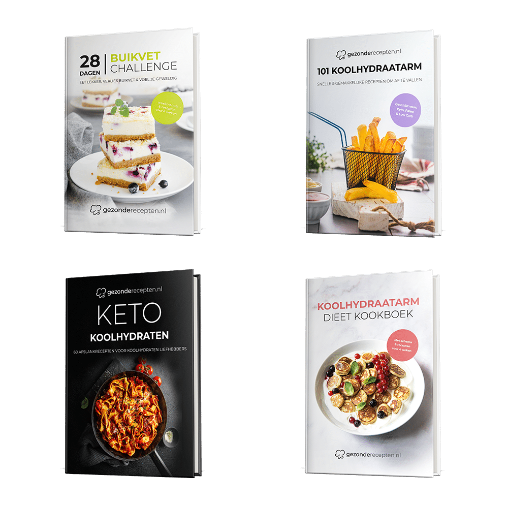 Collage van vier “Gezonderecepten.nl” boeken gericht op koolhydraatarme en ketogene diëten, waaronder 28 Dagen Buikvet Challenge, 101 Koolhydraatarm, Keto Koolhydraten en Koolhydraatarm Dieet Kookboek, met recepten voor gewichtsverlies en gezond dieet.