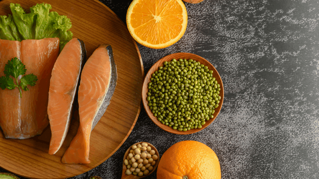 Zalm, mungbonen en sinaasappels als omega-3 rijke voeding ter ondersteuning van een gezond hart en gezonde hersenen