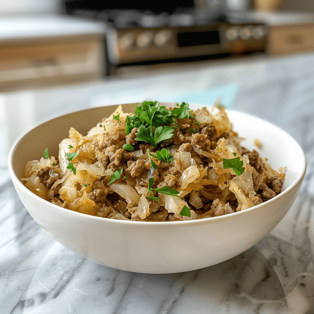 Paleo zuurkool met pastinaak en gehakt in een witte kom, gevuld met gestoofde zuurkool, gekruid rundergehakt en verse peterselie, geserveerd als gezonde koolhydraatarme eenpansmaaltijd op een marmeren aanrecht