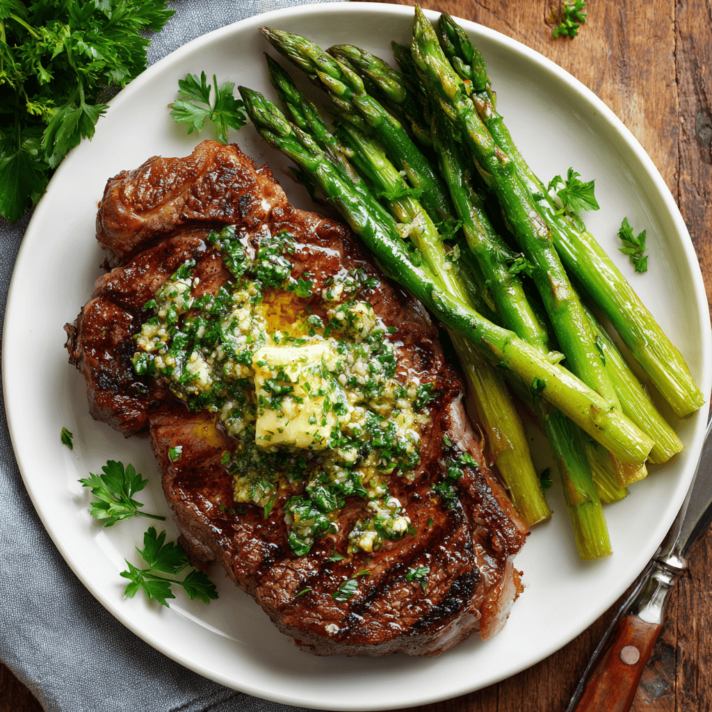 Paleo gegrilde steak met knoflook-kruidenboter en groene asperges op een wit bord, perfect gebakken ribeye met kruiden, gezonde eiwitrijke maaltijd"