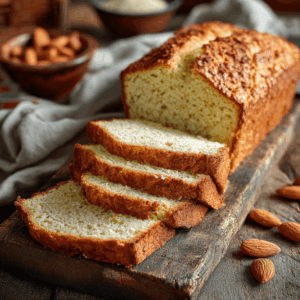 Koolhydraatarm amandelbrood met een lichte, luchtige textuur en een goudbruine korst.