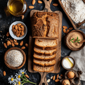 luchtig paleo amandelmeel brood in plakjes, goudbruin en vers gebakken