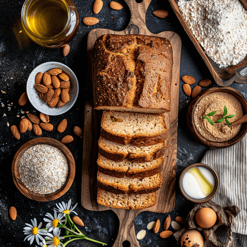 luchtig paleo amandelmeel brood in plakjes, goudbruin en vers gebakken