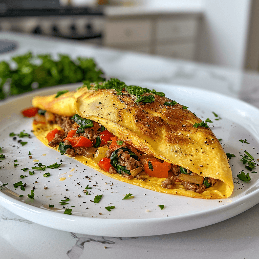paleo calzone omelet gevuld met groenten en rundergehakt op een wit bord, luchtige gevouwen omelet met paprika, spinazie en kruiden, eiwitrijk paleo ontbijt of lunch recept, gezonde low carb maaltijd