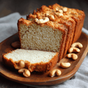 Koolhydraatarm romig cashew brood, met een zachte textuur en nootachtige smaak.