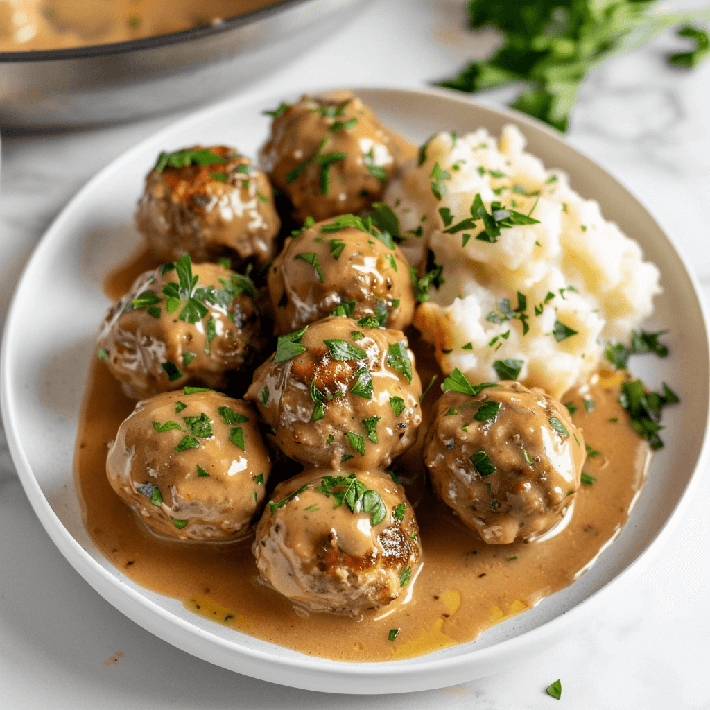 Paleo Zweedse gehaktballetjes met romige jus op een bord, geserveerd met zachte bloemkoolpuree en verse peterselie. Perfect gerecht voor een gezonde, graanvrije en zuivelvrije maaltijd in IKEA stijl.