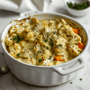 Romige Paleo kip ovenschotel met bloemkool, wortel en kokosmelksaus in een witte ovenschaal, vers uit de oven en gegarneerd met verse peterselie.