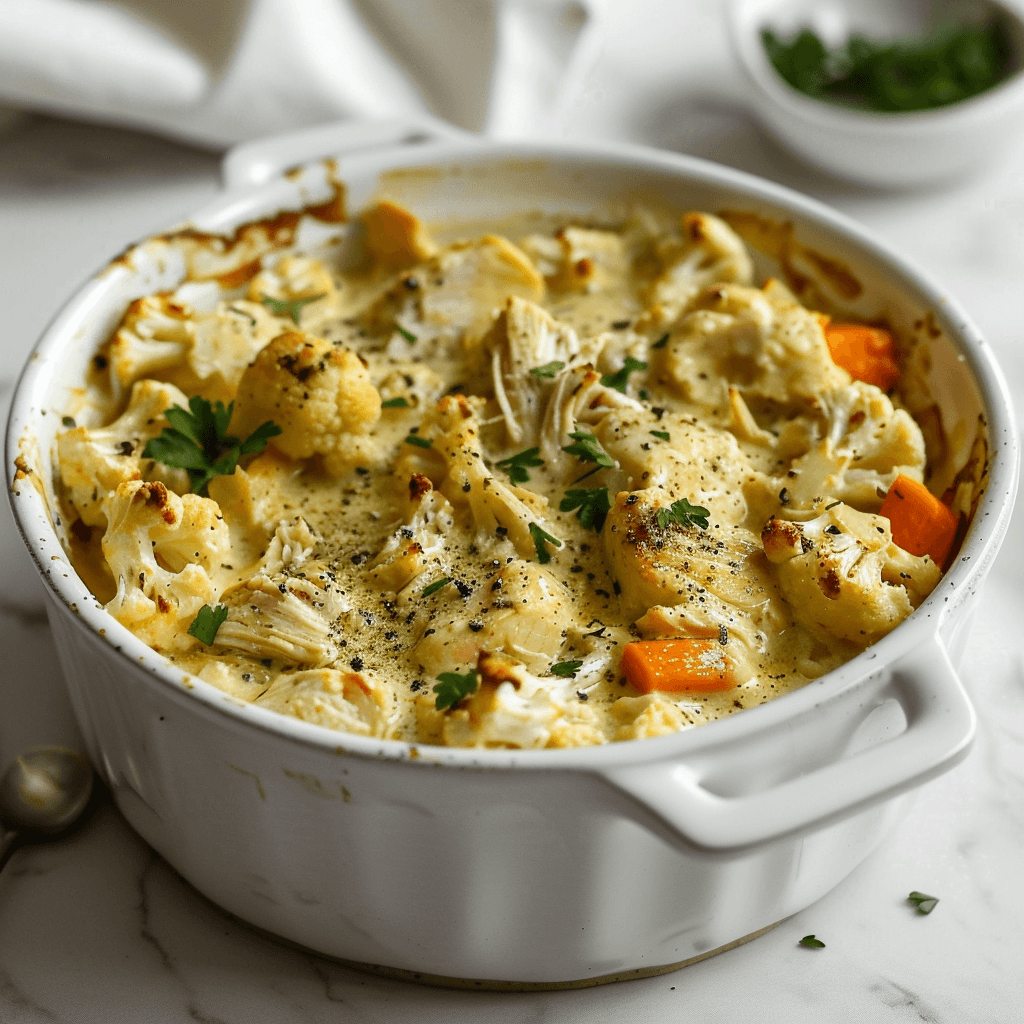 Romige Paleo kip ovenschotel met bloemkool, wortel en kokosmelksaus in een witte ovenschaal, vers uit de oven en gegarneerd met verse peterselie.