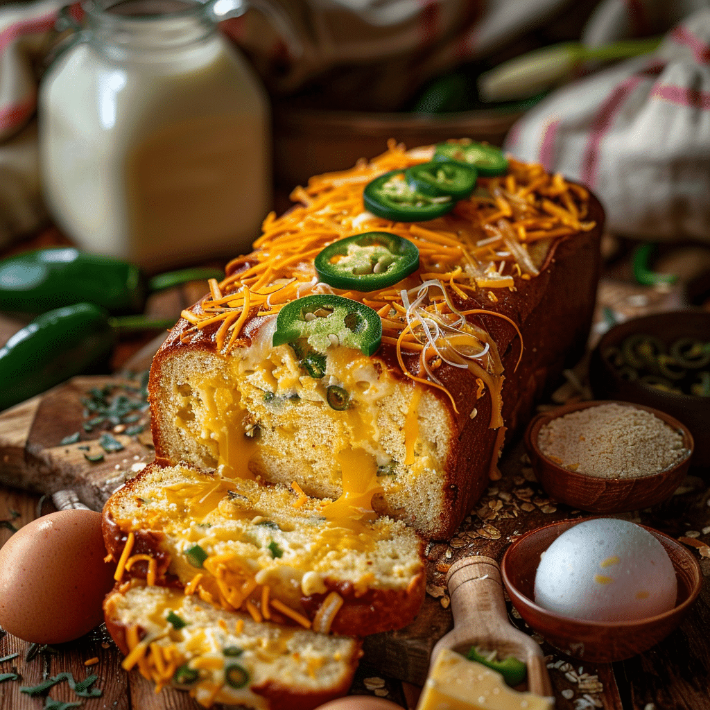 pittig kaasbrood met stukjes jalapeño en gesmolten cheddar