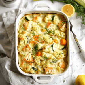 Romige Paleo zalm ovenschotel met stukjes verse zalm, bloemkool, wortel en courgette in een kokosmelksaus, gebakken tot goudbruin en gegarneerd met dille. Perfect geschikt voor een gezonde, koolhydraatarme maaltijd boordevol omega 3.