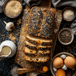 goudbruin brood met sesam, maanzaad en knoflook topping