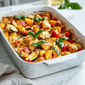 Paleo zomerse ovenschotel met kip, courgette, paprika en gele pompoen in een romige kokosmelksaus, vers uit de oven en gegarneerd met basilicum. Perfect gezond en licht recept voor een snelle Paleo of Whole30 maaltijd.