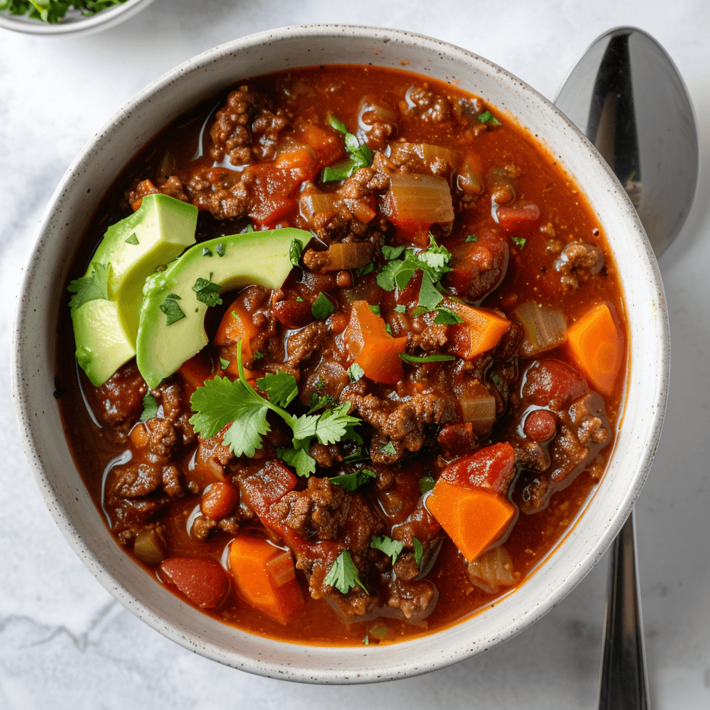 Paleo chili con carne in kom met gehakt, wortel, paprika, tomaten en avocado – gezonde eiwitrijke chili zonder bonen, glutenvrij en Whole30-proof