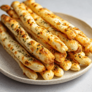 Koolhydraatarm knapperige knoflook- en ui broodstengels, perfect als snack of bijgerecht.