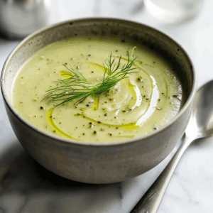 Romige Paleo venkelsoep in een kom, gemaakt van venkel, wortel en kokosmelk, gegarneerd met verse venkeltop en olijfolie; gezonde zuivelvrije soep met zachte structuur en lichte anijssmaak.