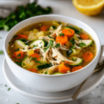 Paleo kippensoep met malse stukjes kip, wortel, courgette en bleekselderij in heldere bouillon, geserveerd in een witte kom en gegarneerd met verse peterselie.