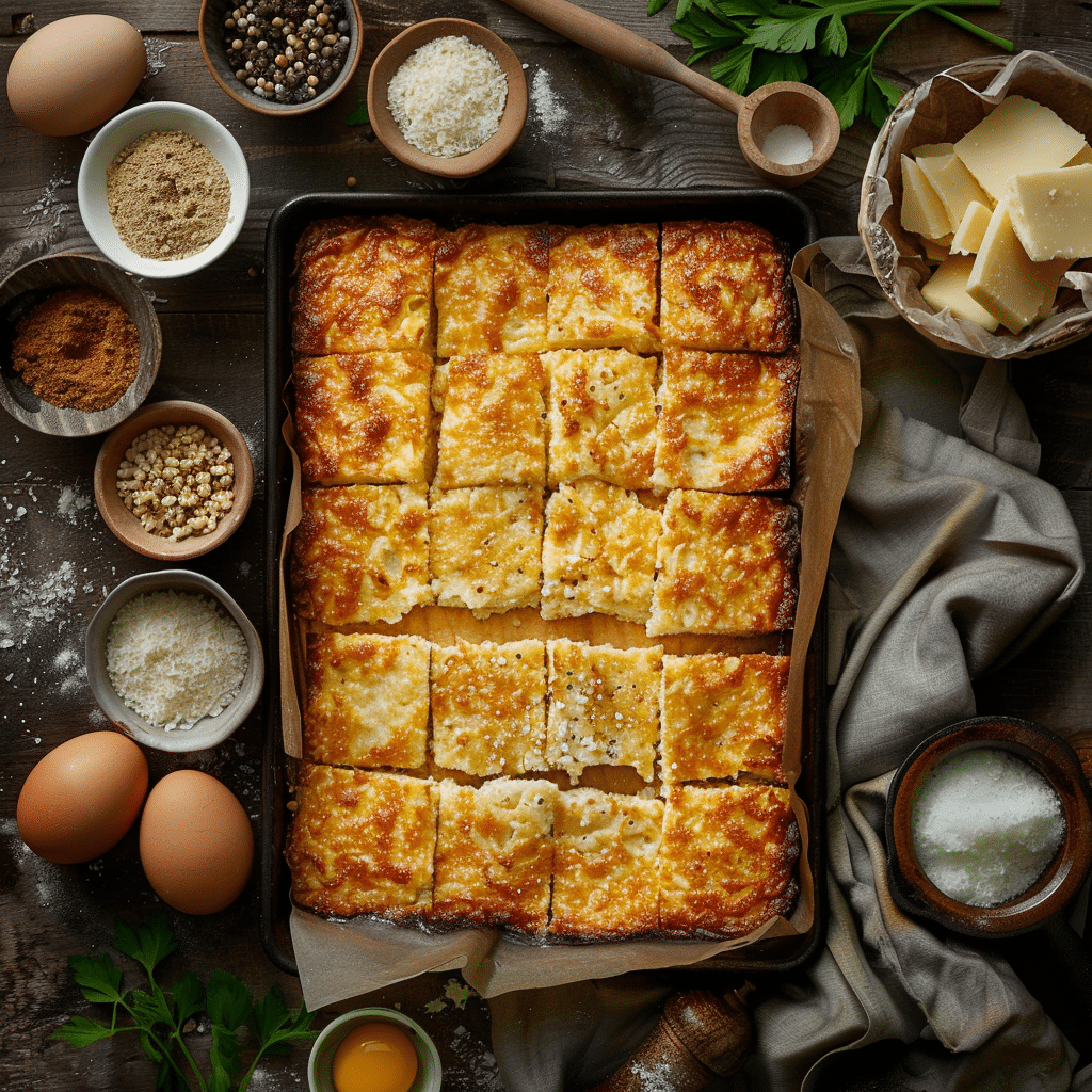licht, goudbruin groentebrood met Parmezaan, op bakplaat gebakken