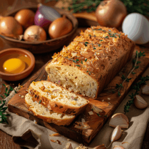 Hartig paleo brood met ui en tijm lichte goudbruine korst.