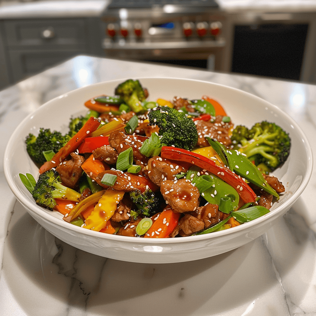 Paleo Chinese stir fry met kip, broccoli, paprika, wortel en peultjes in een kokosamino’s saus, geserveerd in een witte kom op een marmeren aanrecht. Een kleurrijk, gezond en koolhydraatarm roerbakgerecht boordevol groenten, perfect voor een snelle Paleo of Whole30 maaltijd.