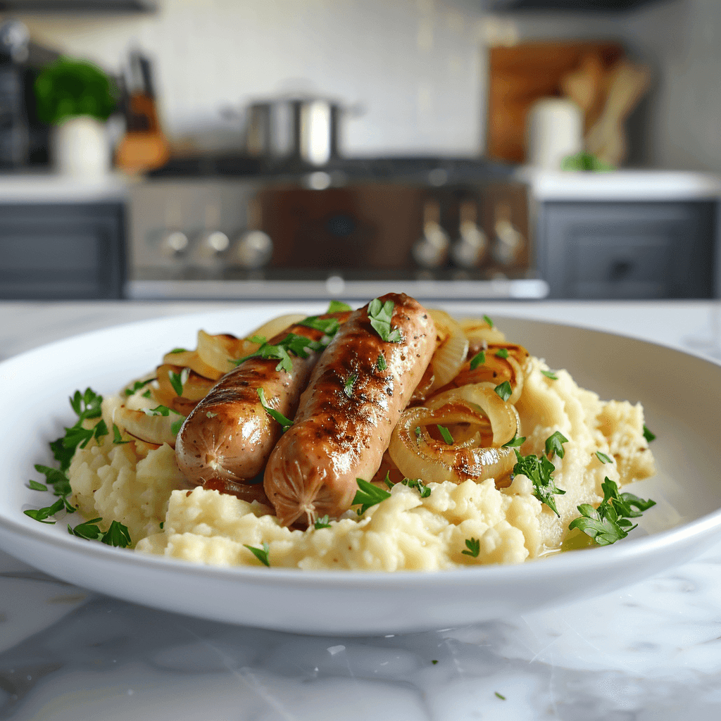 Paleo mash van pastinaak en bloemkool met gebakken kippenworst en gekaramelliseerde uien, geserveerd op een wit bord met verse peterselie, een gezonde koolhydraatarme maaltijd in een moderne keukenomgeving.