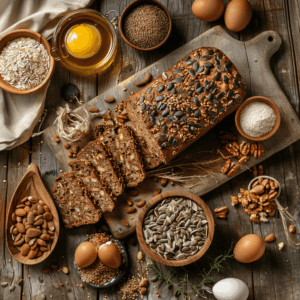 Stevig paleo brood met lijnzaad en gemengde zaden, rustieke dikke plakken.