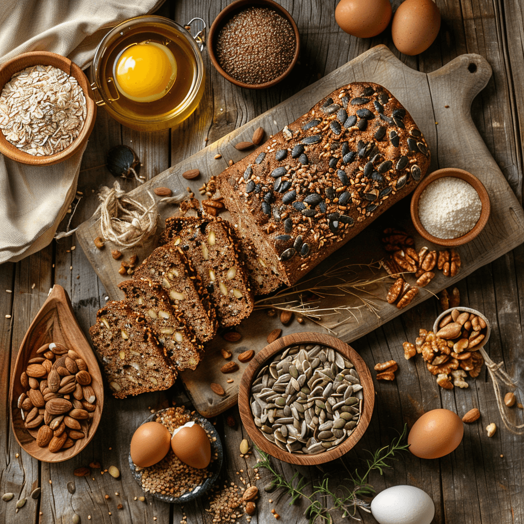 stevig paleo brood met lijnzaad en gemengde zaden, rustieke dikke plakken