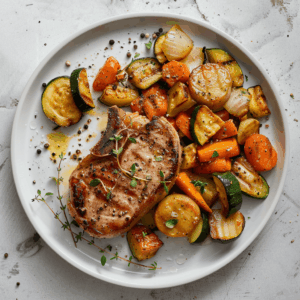 Paleo varkenskarbonade met groenten inclusief courgette, wortel en ui, perfect gegaard met kruiden en olijfolie voor een gezonde maaltijd.