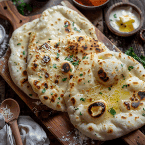 Zacht, goudbruin Keto knoflook naan met boter en knoflook.