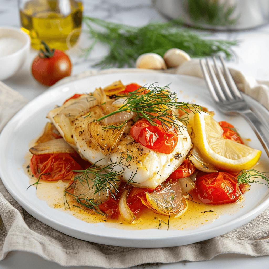 Geroosterde witte visfilet op een bed van zachte venkel, tomaat en ui, overgoten met lichte citroen-olie dressing en gegarneerd met verse dille. Een gezonde Paleo ovenschotel met frisse mediterrane smaken, geserveerd op een wit bord.