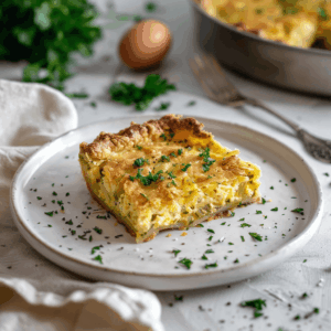 Paleo preitaart met krokante amandelmeelkorst op een wit bord, gevuld met romige prei en ei, versierd met peterselie gezonde glutenvrije hartige taart voor lunch of diner.