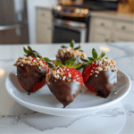 Paleo chocolade aardbeien gedipt in pure chocolade en bestrooid met gehakte noten.