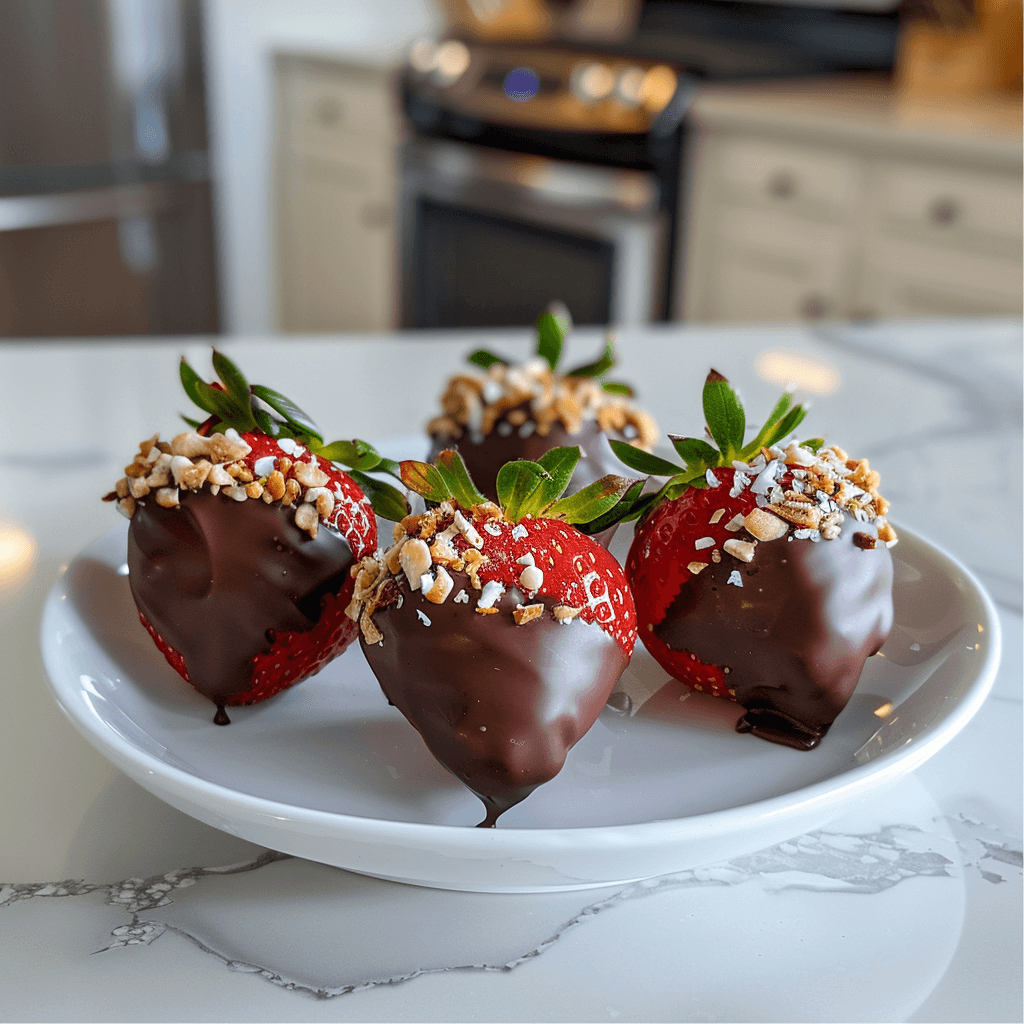 Paleo chocolade aardbeien gedipt in pure chocolade en bestrooid met gehakte noten.