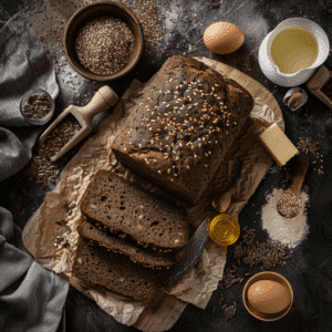 donker, stevig Keto rogge stijl brood met karwijzaad en lijnzaadmeel