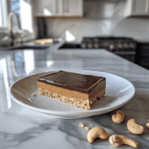 Paleo cashew karamel reep met nootachtige bodem romige karamel laag en pure chocoladetopping.