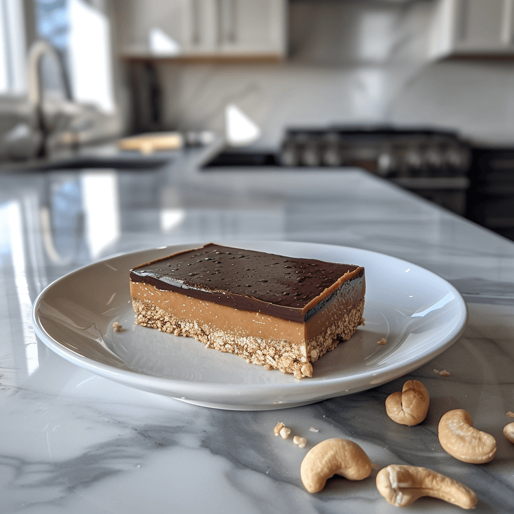 Paleo cashew karamel reep met nootachtige bodem romige karamel laag en pure chocoladetopping.