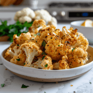 Geroosterde paleo bloemkoolroosjes met goudbruine kruidenkorst, geserveerd in een wit bord met verse peterselie, een knapperig en gezond koolhydraatarm bijgerecht.