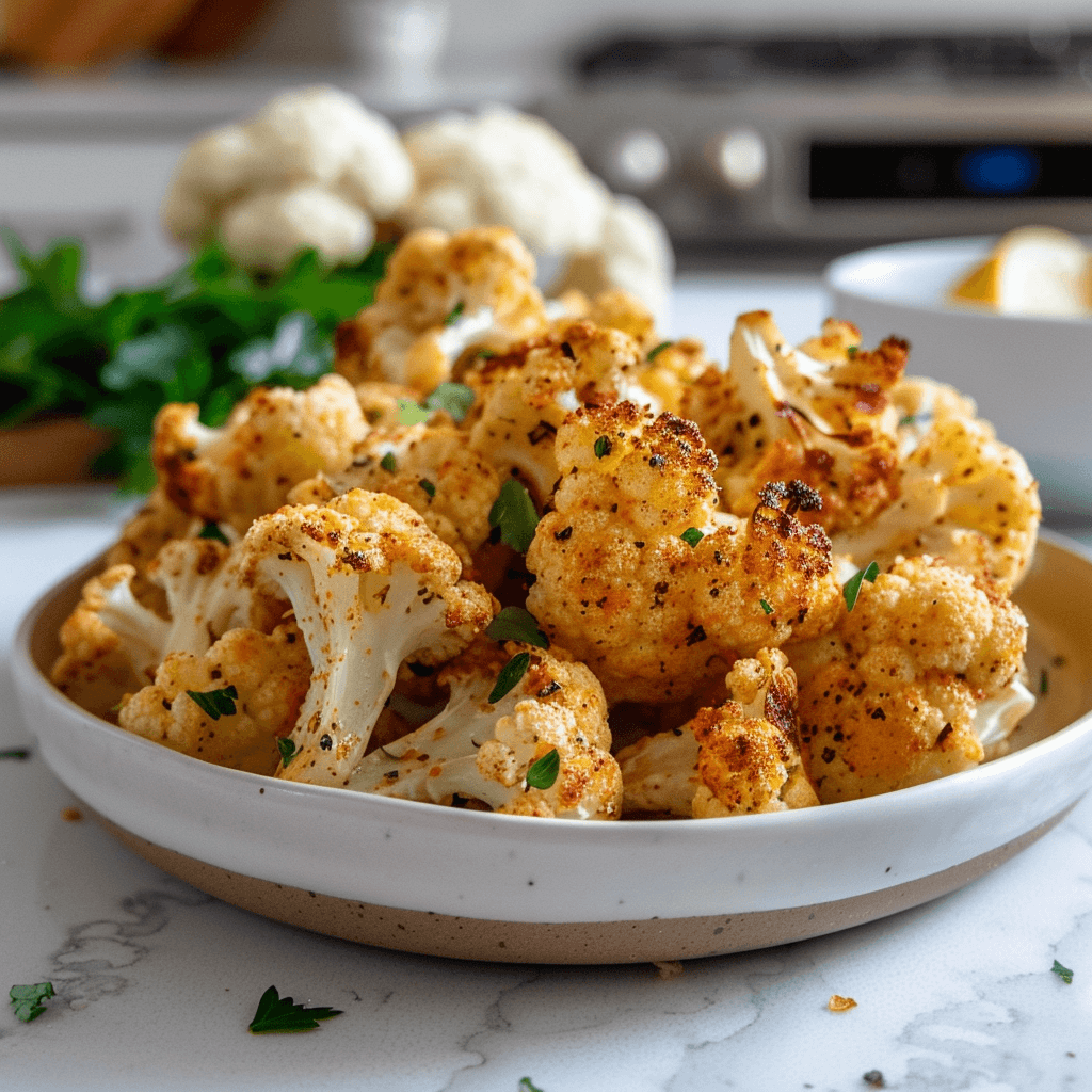 Geroosterde paleo bloemkoolroosjes met goudbruine kruidenkorst, geserveerd in een wit bord met verse peterselie, een knapperig en gezond koolhydraatarm bijgerecht op een marmeren keukenblad.