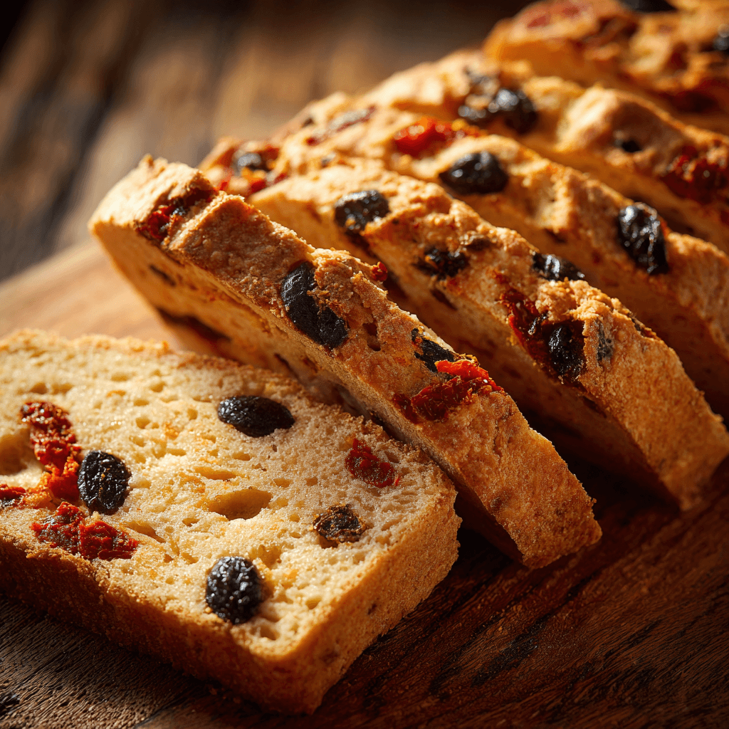 Koolhydraatarm hartig brood met olijven en zongedroogde tomaten voor extra smaak en kleur.