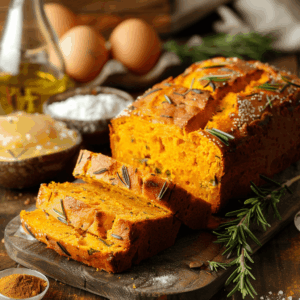 zacht paleo brood met zoete aardappel en rozemarijn, licht oranje kruim