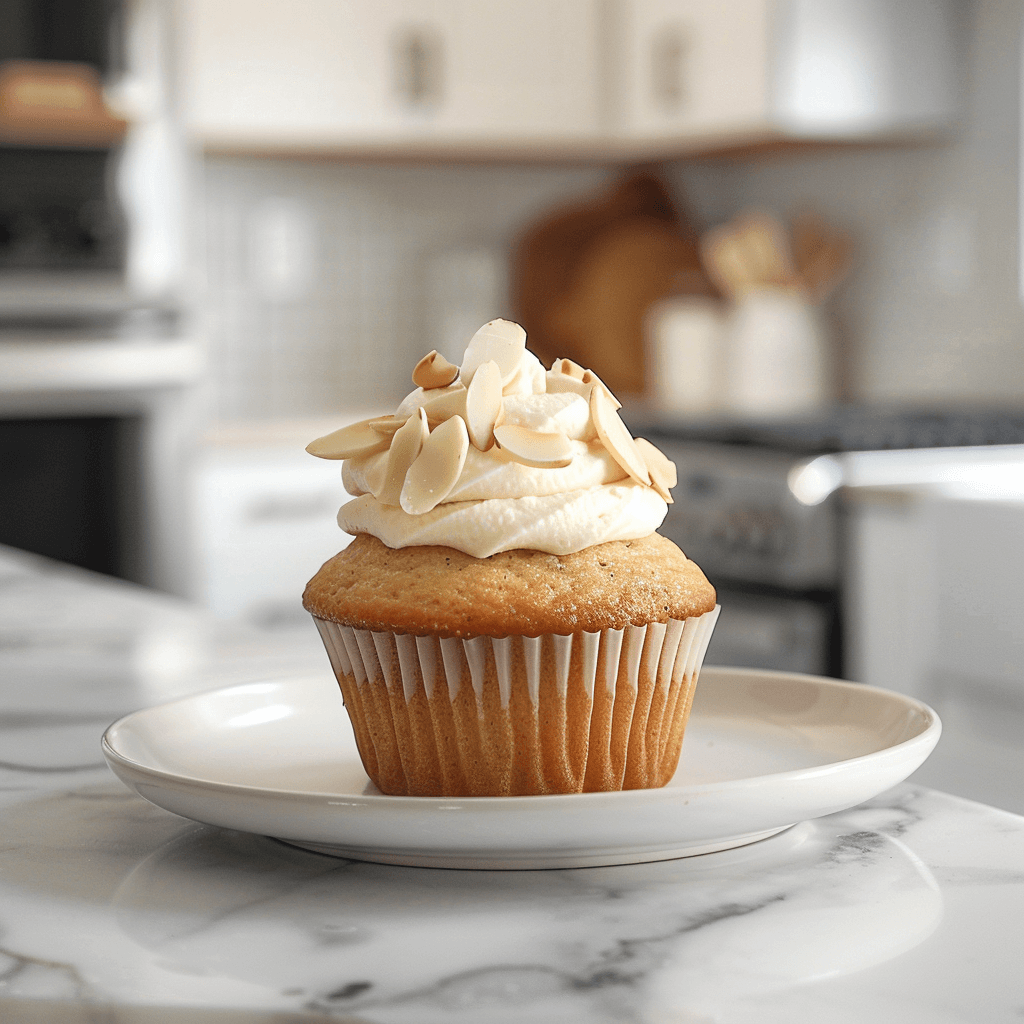 Paleo vanille amandel cupcake met luchtige kokosroom frosting en geschaafde amandelen bovenop.