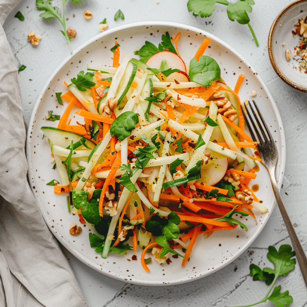 Paleo pastinaak salade op een wit bord met geraspte pastinaak, wortel, komkommer, appel, gemengde sla en fijngehakte walnoten, gegarneerd met verse peterselie. De frisse, kleurrijke salade is licht, voedzaam en knapperig, perfect als Paleo of Whole30 lunch of bijgerecht.