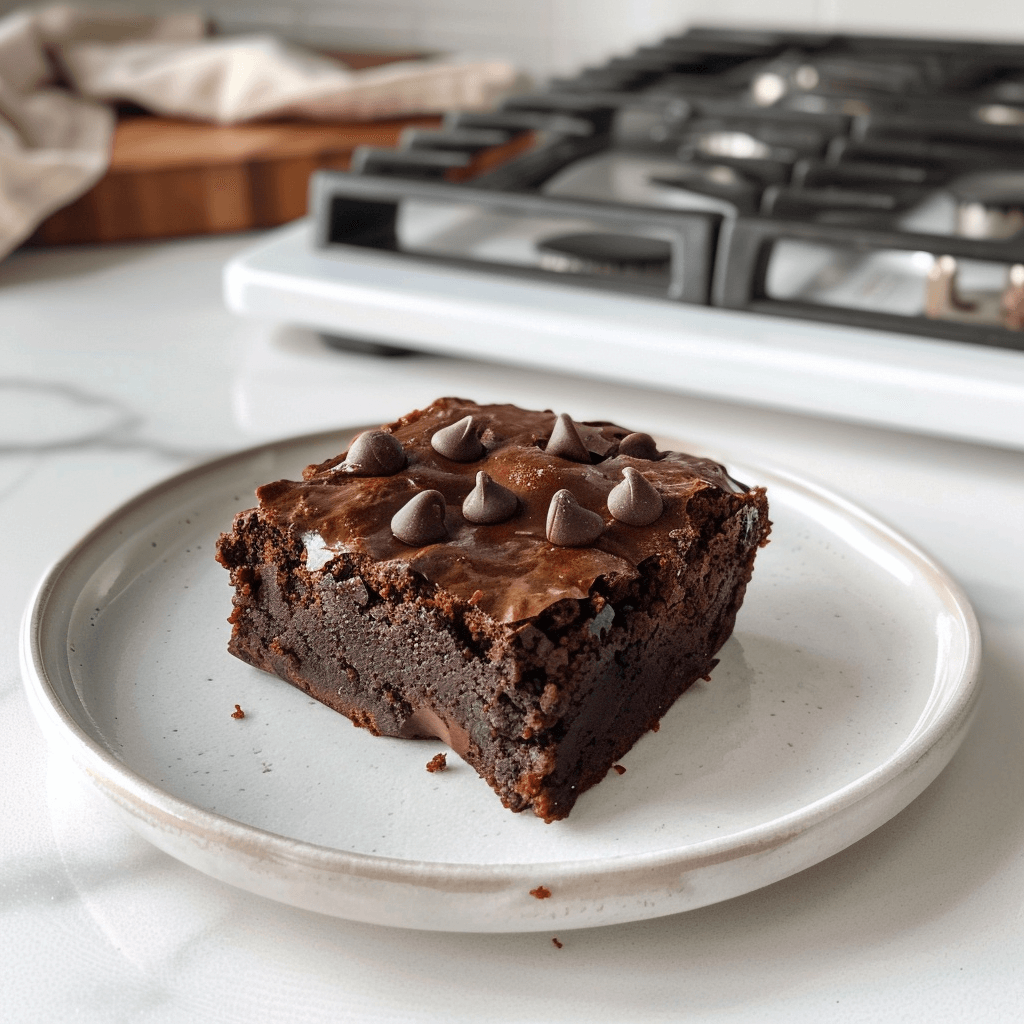 Smeuïge Paleo zoete aardappel brownie met fudgy structuur en pure chocolade chips bovenop.