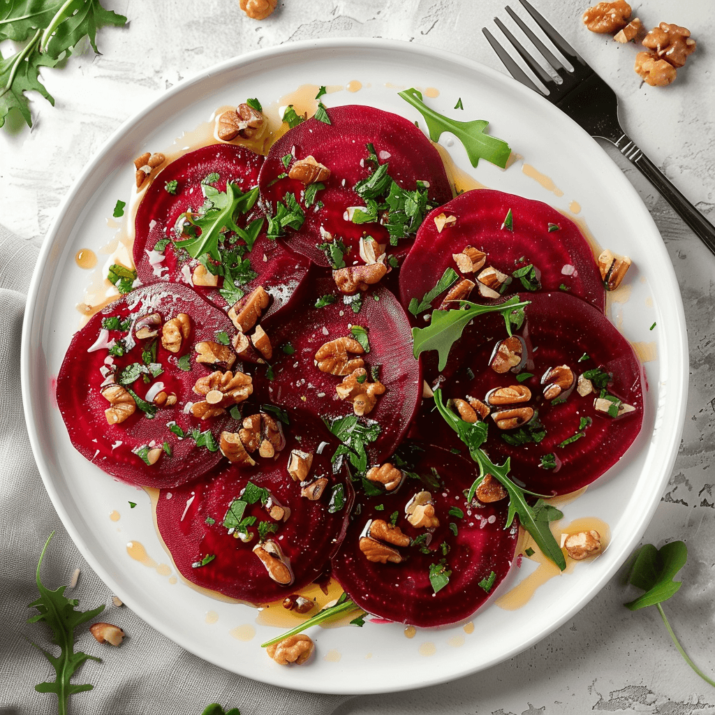 Paleo bietencarpaccio op een wit bord met dunne plakjes rode biet, besprenkeld met olijfolie, citroensap, gehakte walnoten en verse peterselie. Het gerecht is gegarneerd met rucolablaadjes en ziet er fris, kleurrijk en voedzaam uit, perfect als elegant Paleo voorgerecht of licht bijgerecht.