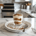 Paleo tiramisu in een glas met lagen zachte amandelcake, luchtige kokosroom en cacao op een marmeren aanrecht in een lichte keuken. Gezond dessert zonder zuivel en zonder geraffineerde suiker, perfect als romige paleo traktatie.