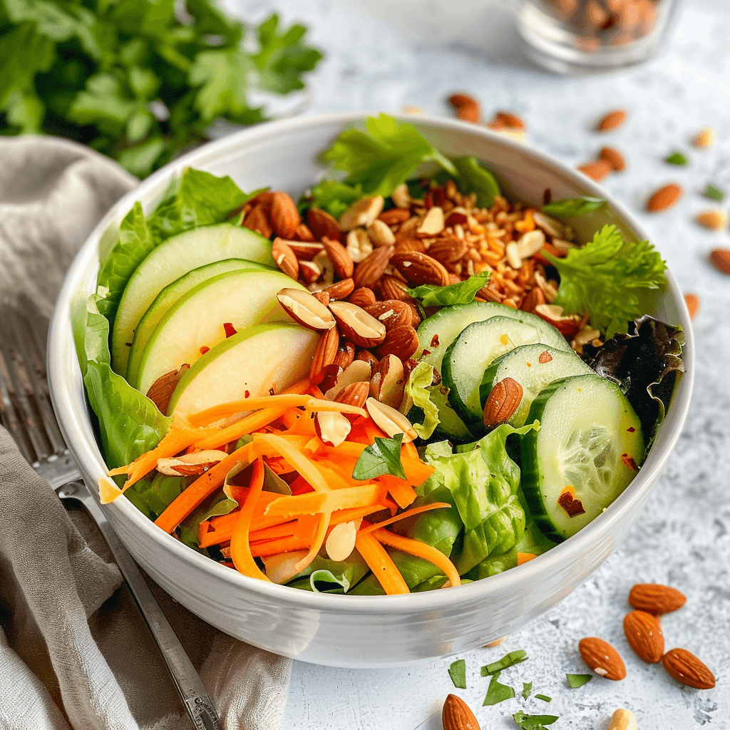 Paleo notensalade in een witte kom met gemengde sla, komkommer, wortelreepjes, dunne plakjes appel en een royale topping van geroosterde amandelen. De frisse kleuren en knapperige ingrediënten maken het een gezonde, koolhydraatarme salade boordevol vitamines en gezonde vetten