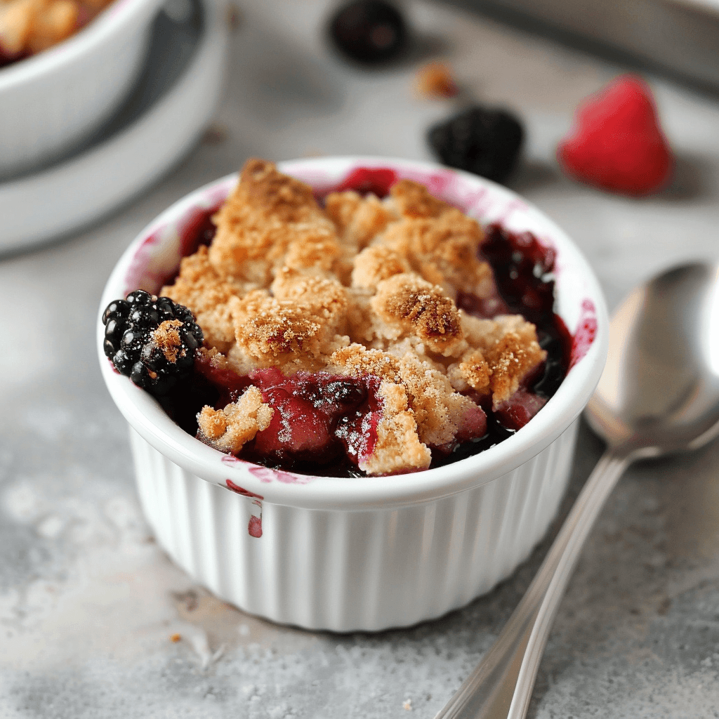 Paleo bessen kruimeltaartje in een witte ramekin met knapperige amandelmeel crumble en warme gemengde bessen vulling