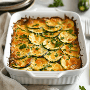 Courgette ovenschotel in een witte rechthoekige ovenschaal met goudbruin gebakken courgetteplakjes en verse peterselie bovenop. De ovenschotel staat op een lichte ondergrond en is net uit de oven gehaald. Perfect gerecht voor een gezonde en koolhydraatarme maaltijd.